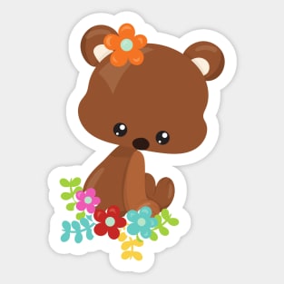 Spring Animals, Cute Bear, Little Bear, Flowers Sticker